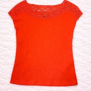 Lauren Ralph Lauren Coral Orange Lace Detail Short Sleeve Top PS